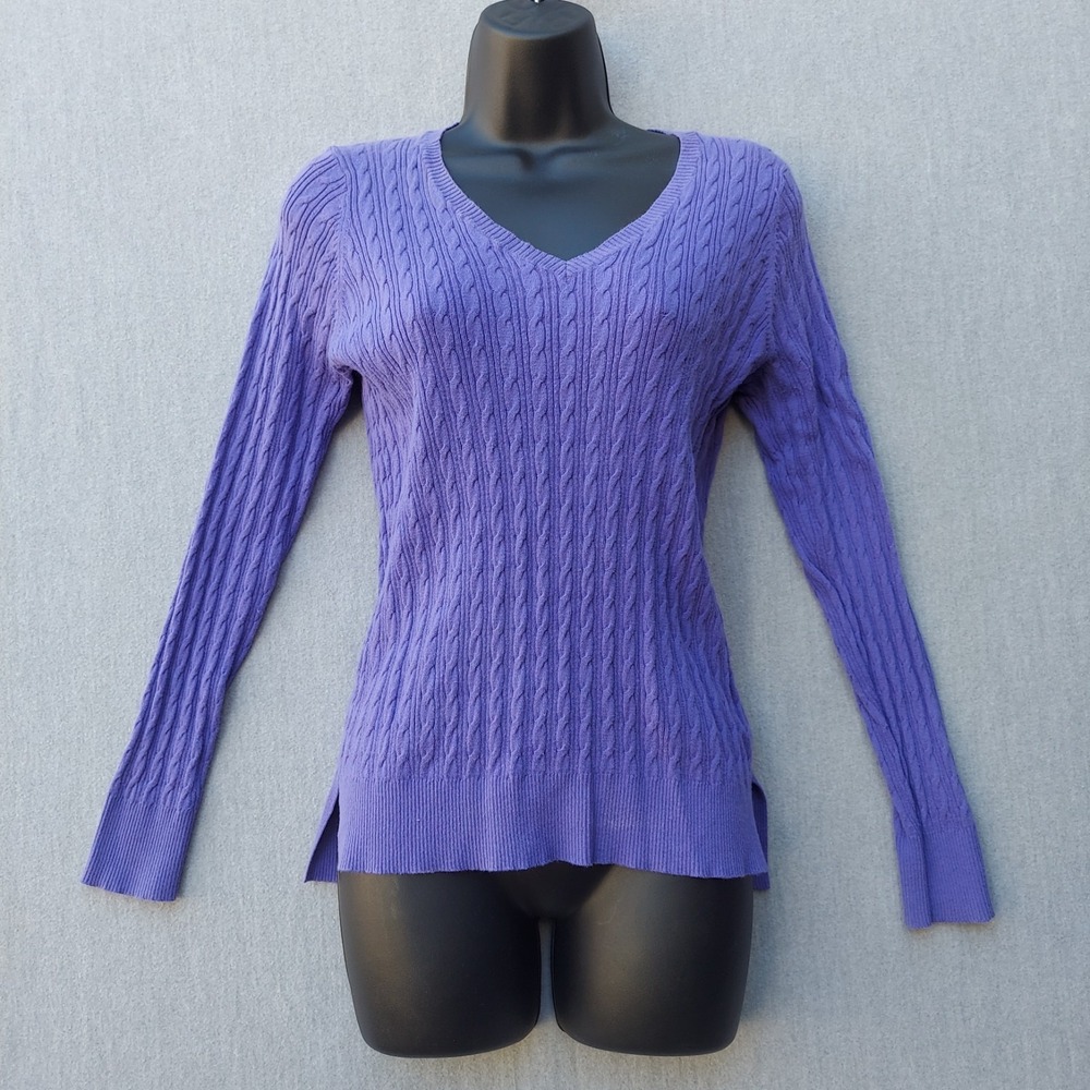 Womens Purple Cable Knit Cotton Blend V-Neck Sweater Preppy Capsule Minimalist